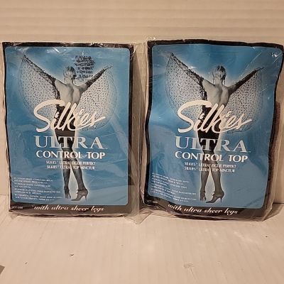 (2) Silkies Ultra Control Top Misty Grey Sheer Pantyhose X-Tall/Tall New Gray